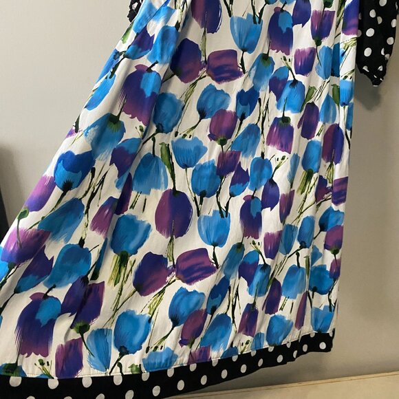 Handmade Plus Size Cotton Blue Floral Black White Polka Dot Dress - Picture 13 of 14